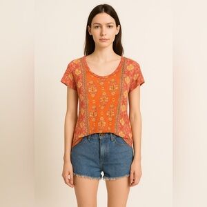 Lucky Brand Floral Multi Print Scoop Neck Short Sleeve Top Orange Red Small